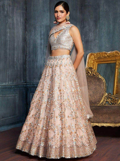 Charming Peach Sequins Net Engagement Wear Lehenga Choli With Dupatta